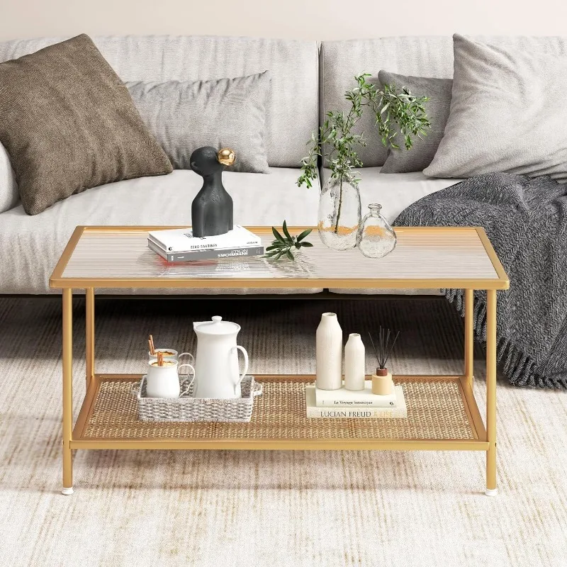 Glass Coffee Table, 2-Tier Rectangular Tempered Center Tables w/Metal Mesh Storage Shelf, Modern Accent Desk