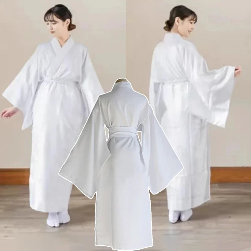 

Women Men Japanese Classic Bathrobe Nightwear Yukata Gown White Kimono Lining With Belt Stage Performance Cosplay Kimono