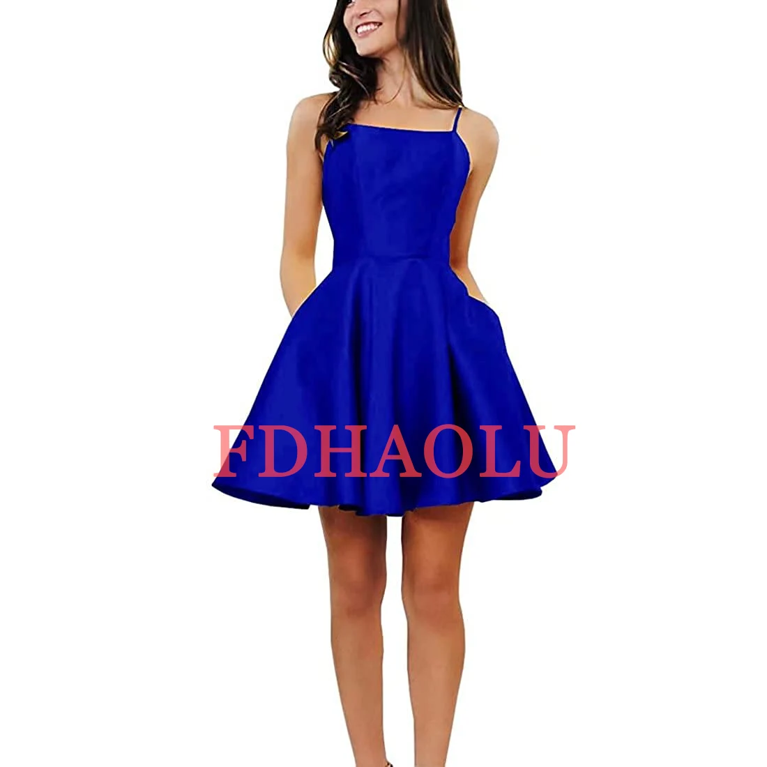 Fdhaolu alça de ombro vestido de baile curto cetim sem costas vestido de noite formal de baile com bolso ru175