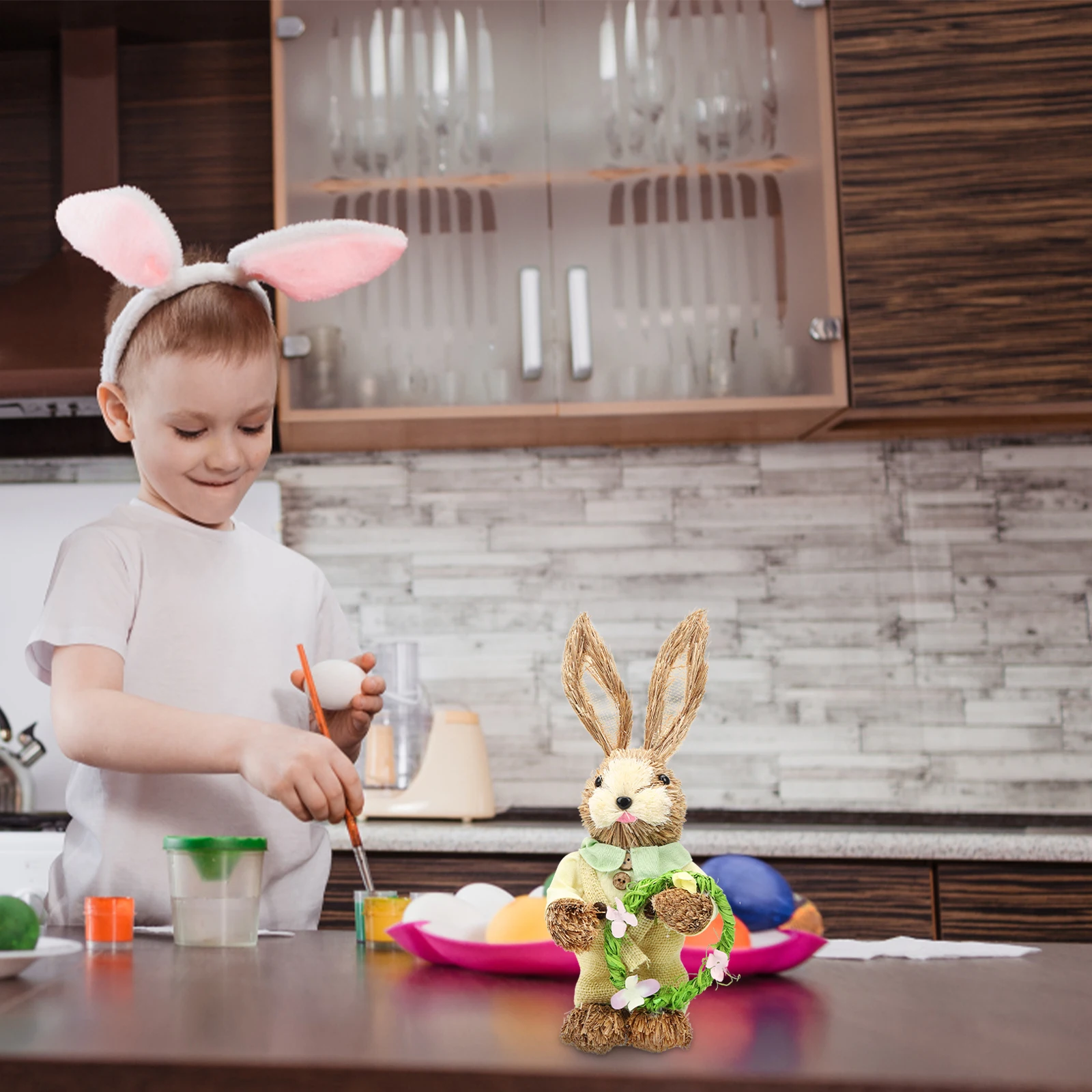 

2pcs Straw Woven Rabbit Figurine Premium Material Easter Decor Garden Desktop Cartoon Bunny Statue Small Child Gift Rabbit