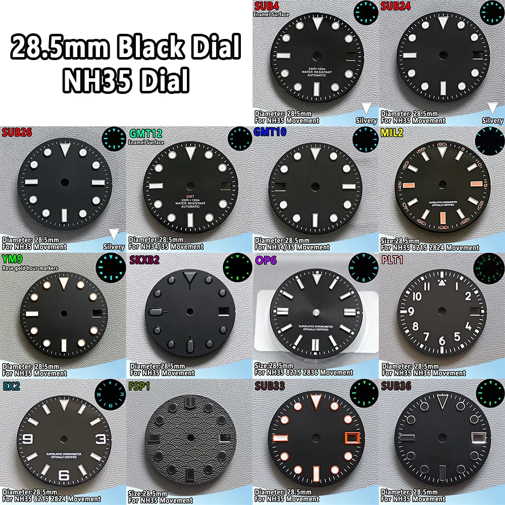 28.5mm NH35 Black Dial Luminous Dials Single Calendar Dial Suitable For NH35 Movement Can Support DIY Dial Customization Logo