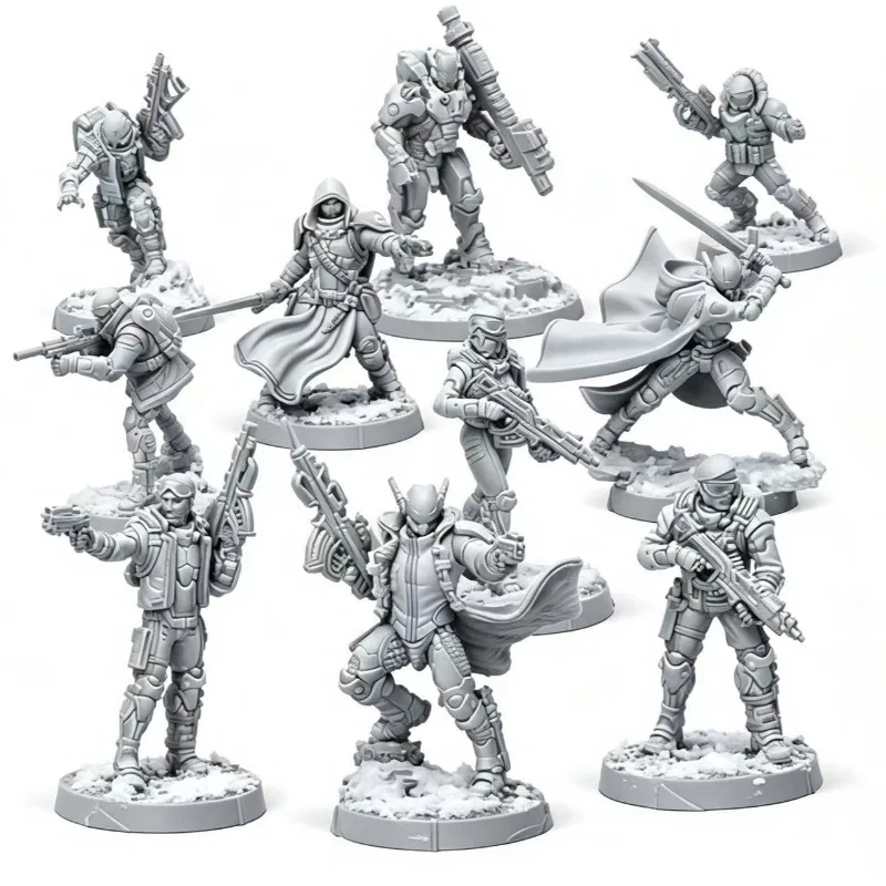 10Pcs Unpainted Resin Sci-fi Warrior Miniatures, Unassembled Tabletop Wargame Figures DIY Hobby Collection Kits with Round Bases