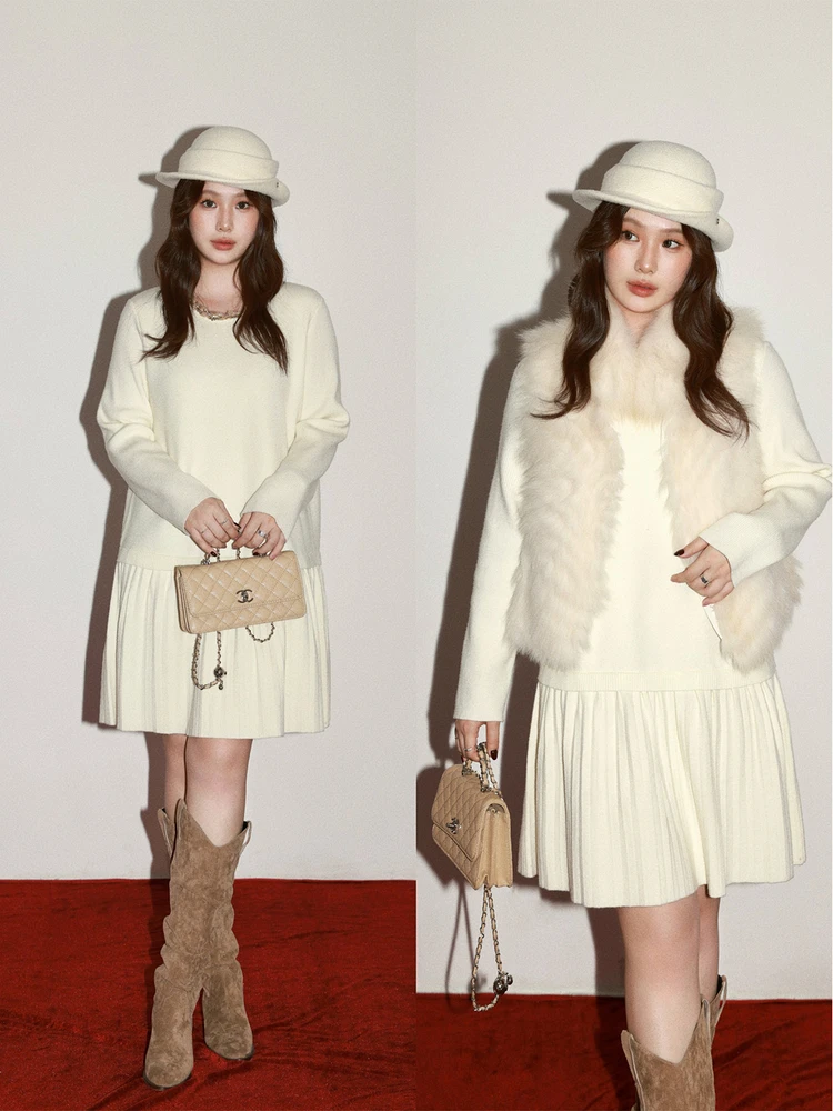 

Slimming Effect Wool Blend Knit Dress round Neck Splice Design Women's Winter Fashion Casual Style Long Sleeve Dress
