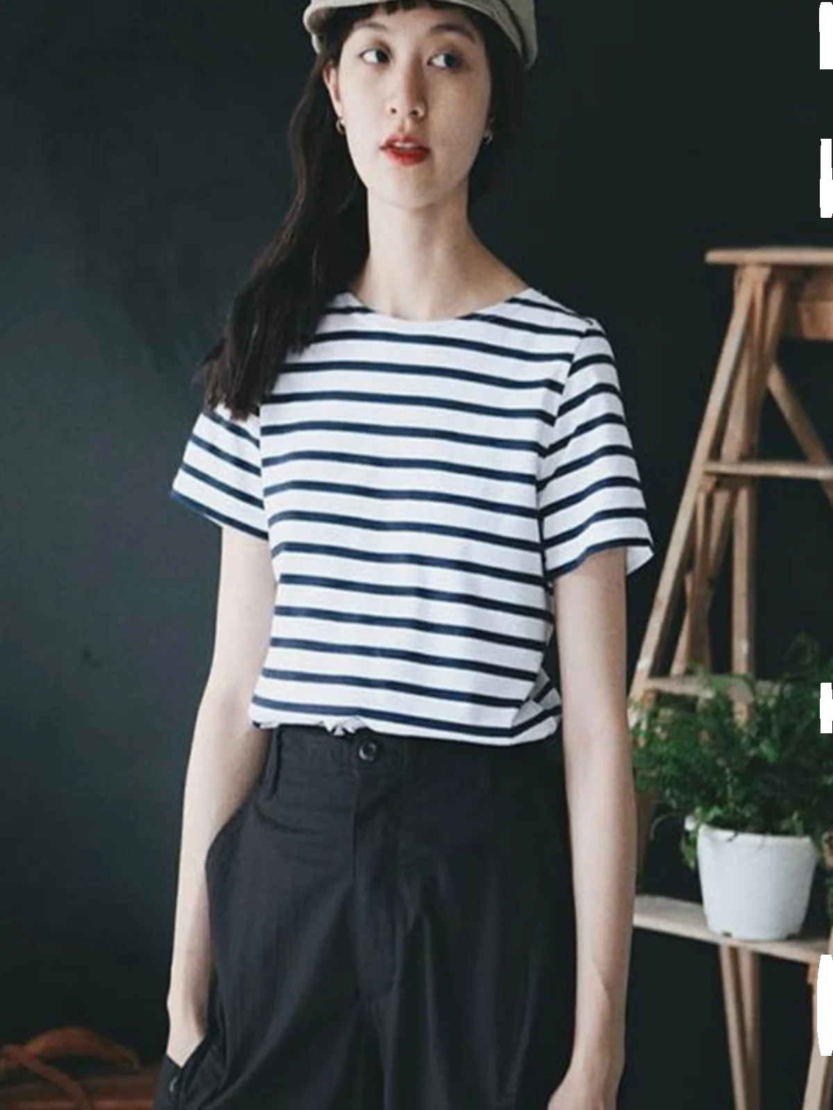 Orcival Classic Short Sleeve Embroidered Bee Collar Loose Women's T-shirt Cotton Summer Casual Sweet Style Striped Pattern