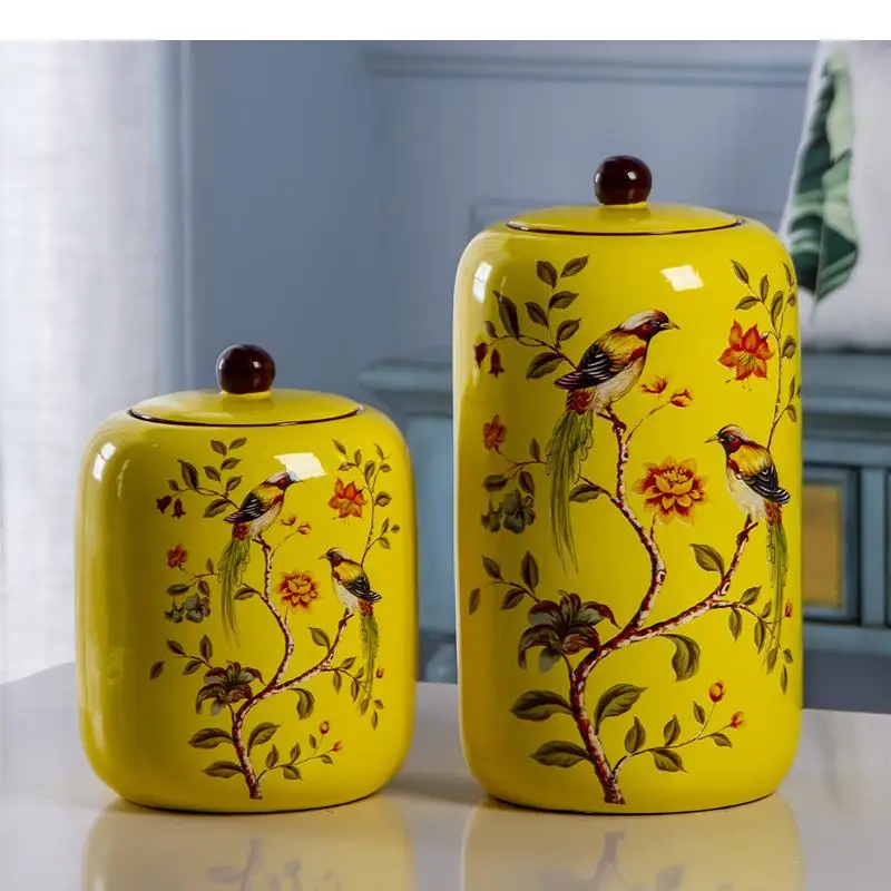 Flower and Bird Pattern Storage Jar Yellow Ceramic Vases Arrangement Desk Decoration Jewelry Jars Cosmetic Containers