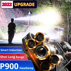 Linterna de cabeza con sensor LED P900 de alta potencia, linterna de cabeza con zoom, recargable 18650, para pesca y Camping