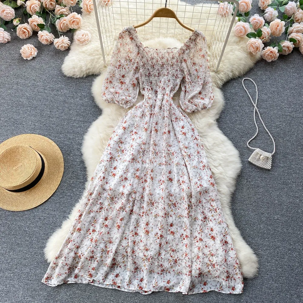 YuooMuoo Korean Fashion Floral Print Chiffon Party Dress Summer Two Layers Puff Sleeve Vacation Women Dress Beach Vestidos