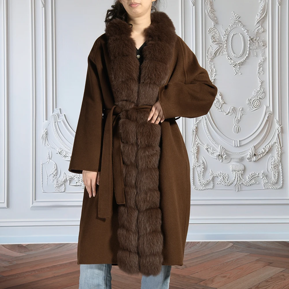Jaxmonoy Women's Winter Coat Luxury Real Fox Fur Coat Double Faced Cashmere Wool Blend Long Jackets Female 2026 Autumn New Come