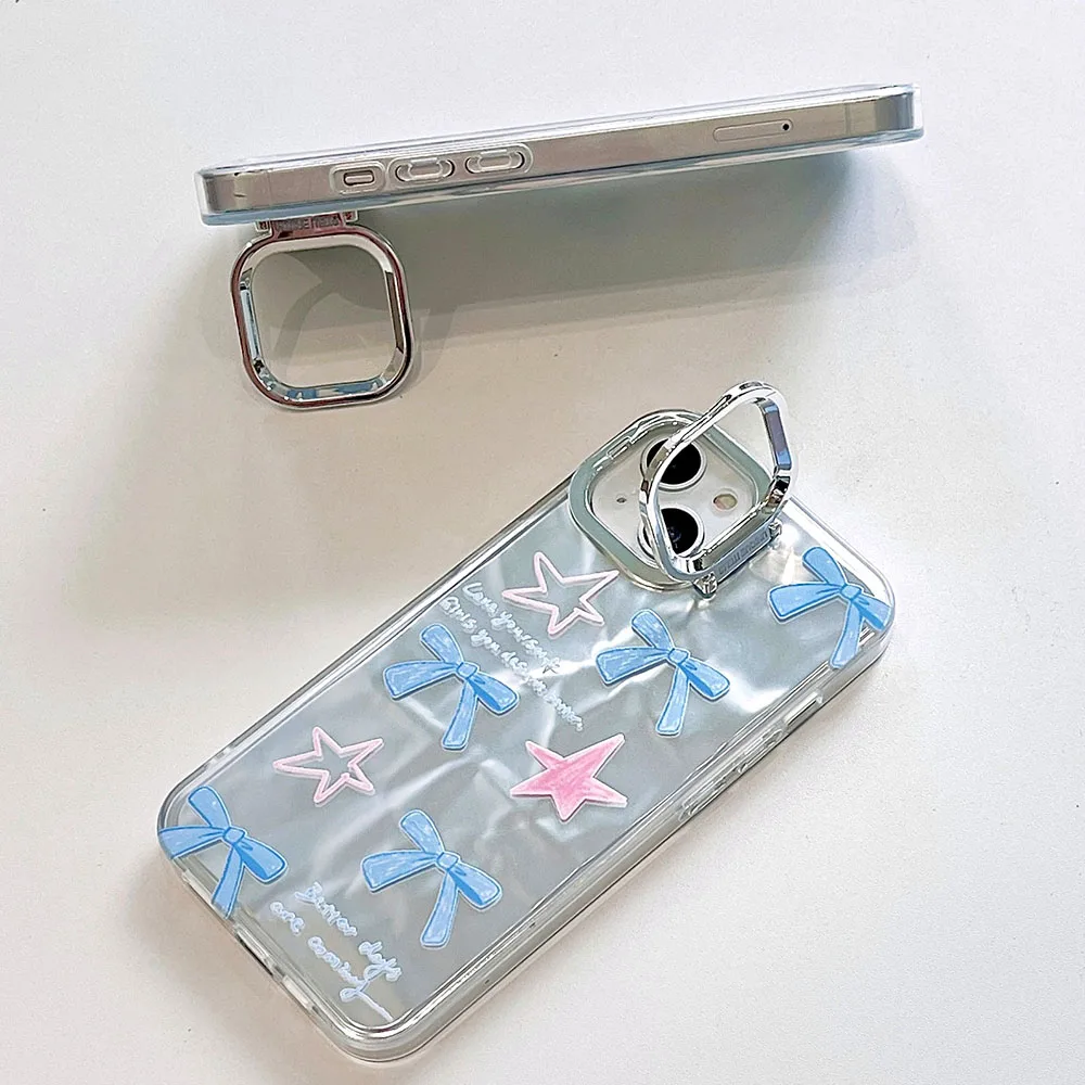 Модный чехол со звездами, бантом, граффити, гальваническим покрытием, серебристые складки, чехол для телефона iPhone 14 13 11 Pro 12 15 Pro Max, крышка кронштейна объектива