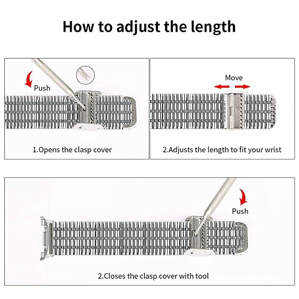 بدلة بحزام من الفولاذ المقاوم للصدأ بسبعة خرزات لساعة سامسونج 8 Series حزام ساعة سامسونج معدني بسبعة خرزات مع إبزيم أمان مزدوج