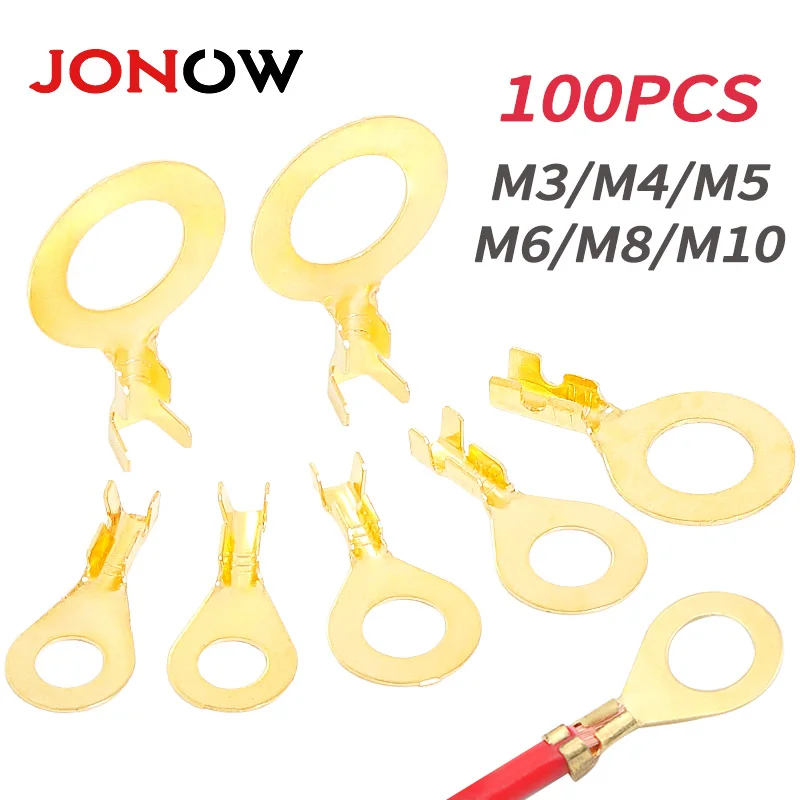 100PCS Ring Crimp Terminal Lugs Electrical Wire Cable Connectors Gold Brass M3 M4 M5 M6 M8 M10 O-Shoe Type Plug for Splice Screw