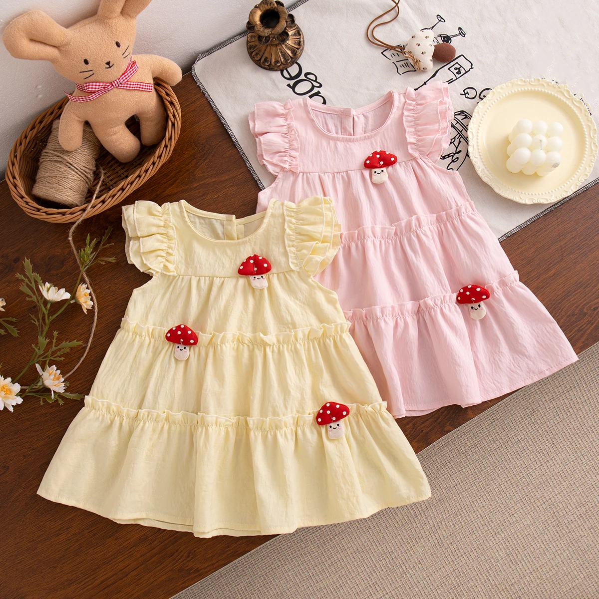 Baby-Mädchenkleider, Sommerkleid mit Pilzmuster, Cartoon-Baumwollkleid für Mädchen, süßes Strand-Babykleid, Babykleidung