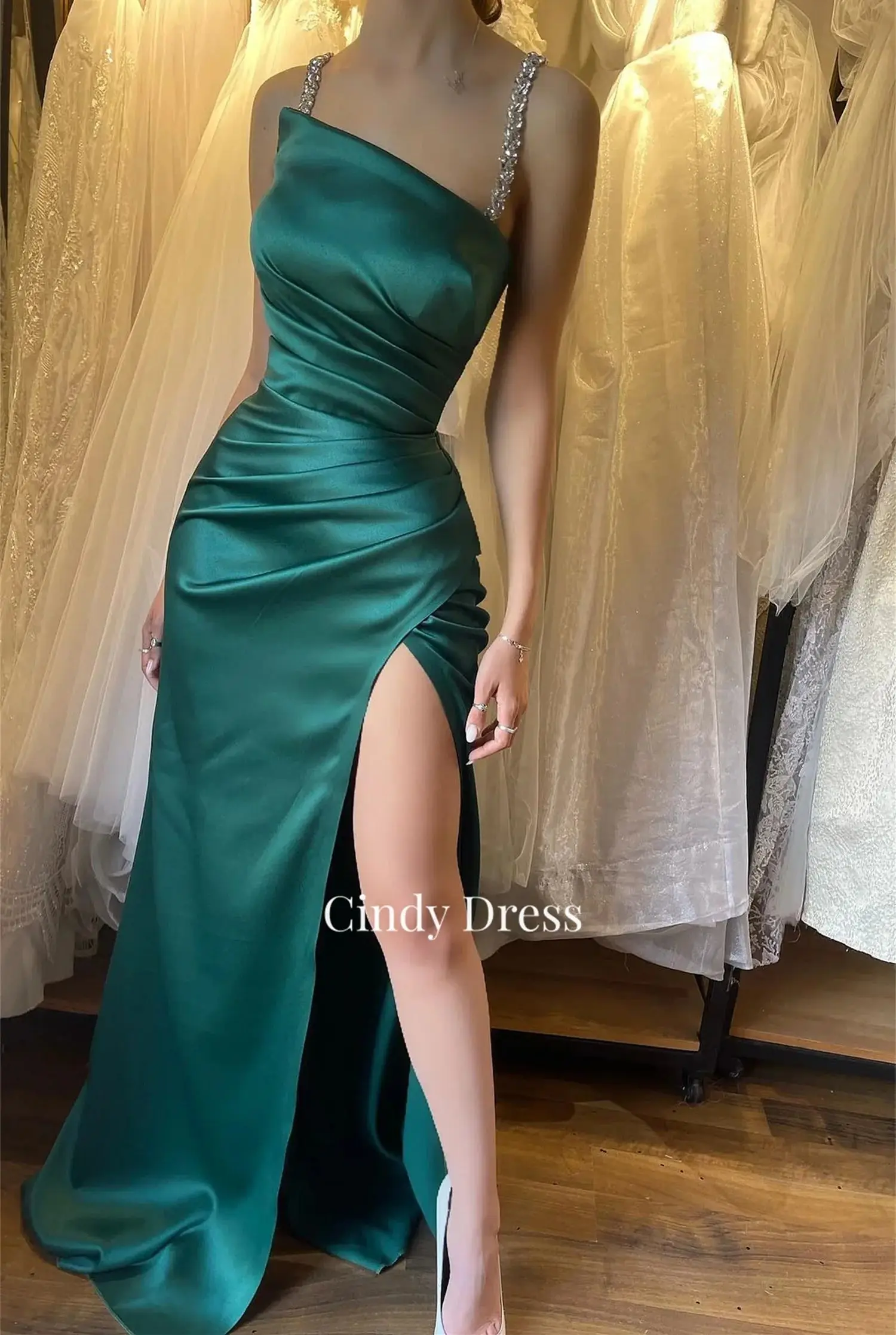 Sexy Satin Mermaid Glitter Suspenders Green Evening Dress Gala Woman Party Dresses Luxury Customized Women Elegant Gown Prom