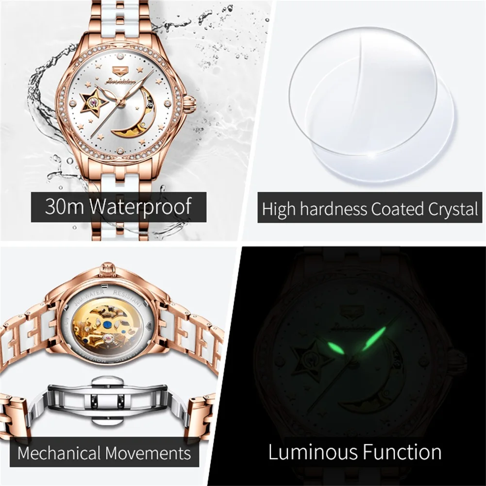 JSDUN Fashion Ceramic Skeleton Women Automatic Mechanical Watches New Luxury Ladies Watch Original Waterproof Lady Wrist Watch