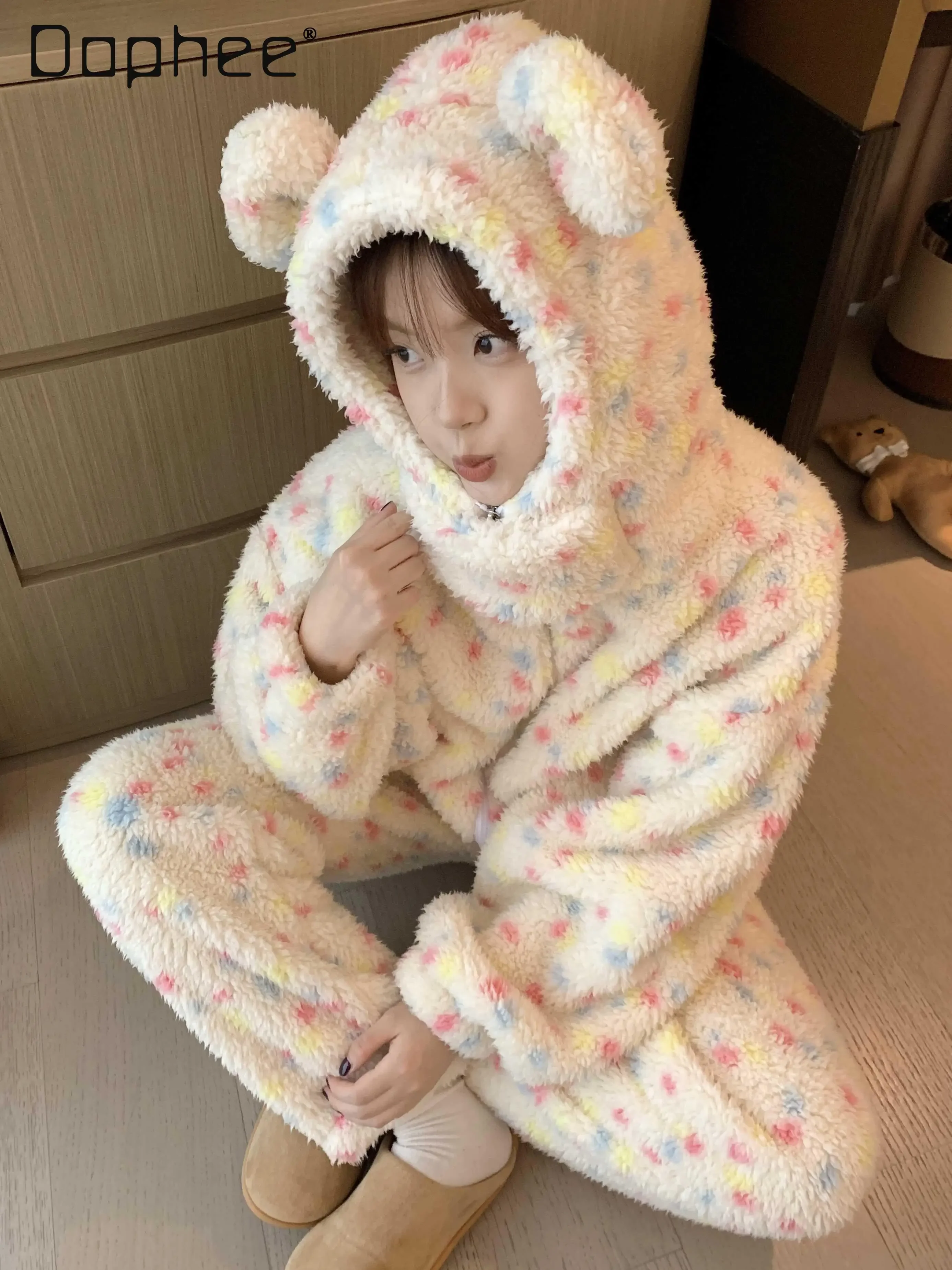 

Colored Dot Printed Coral Fleece Pajamas Set Women Autumn Winter Hooded Zipper with Pockets Sleep Tops Cuffed Sleep Pants Sets