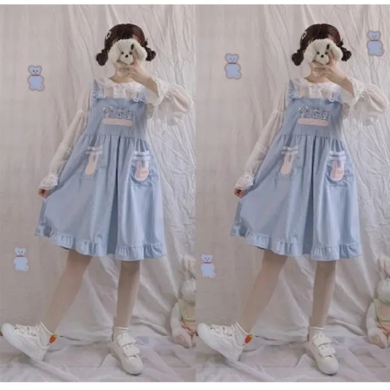 Japanese Vintage Teens Girl Corduroy Dress Mori Girl Lolita Kawaii Bunny Pink Overalls Harajuku Cute Rabbit Bow-knot Strap Dress