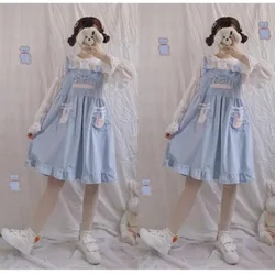 Japanese Vintage Teens Girl Corduroy Dress Mori Girl Lolita Kawaii Bunny Pink Overalls Harajuku Cute Rabbit Bow-knot Strap Dress