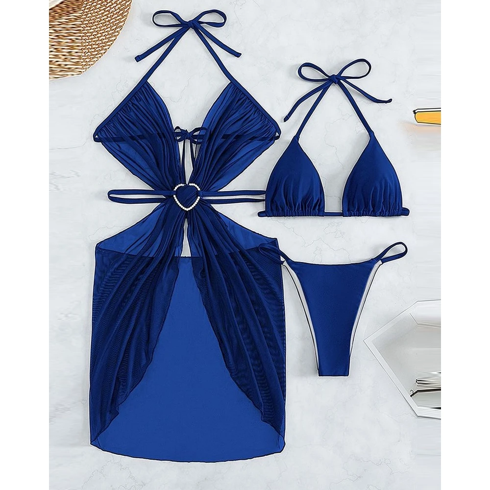 Conjunto de Bikini con cuello Halter para mujer, traje de baño de dos piezas con hebilla en forma de corazón, ropa de playa para vacaciones, 3 piezas