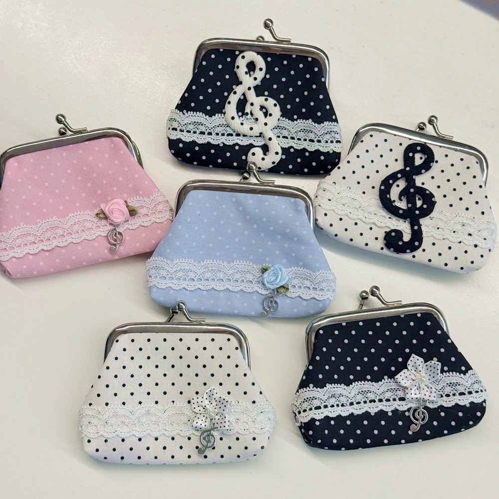 Bolsas de Moeda Fofas Estilo Y2k, Carteira Pequena Feminina, Bolsa Vintage Artesanal com Renda e Padrão de Bolinhas, Rosa Showa, Pingente para Pendurar, Bolsa para Fones de Ouvido, Carteira