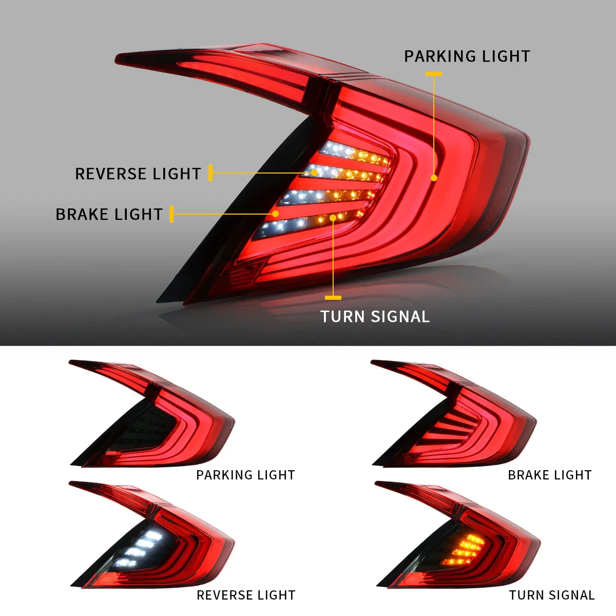 High Bright LED Rear Tail Lamp Set for 10th Gen Honda Civic Sedan 2016-2021 with Trunk Inner Lights
