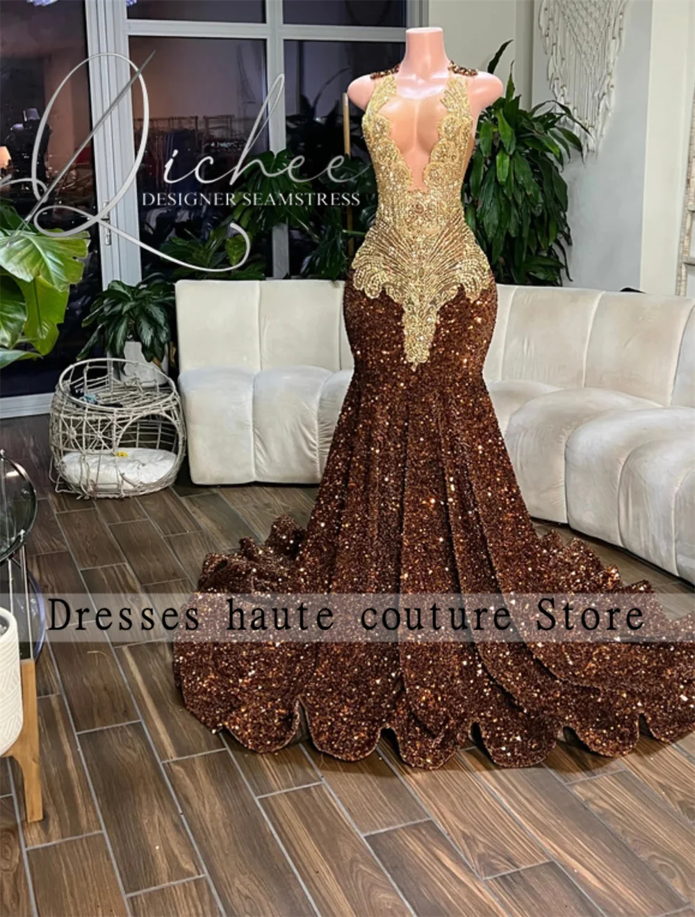 Luxury Brown Velvet Sequin Rhinestone Luxury Prom Dress 2025 For Black Girls Crystals Mermiad Birthday Party Dress Customized image 2