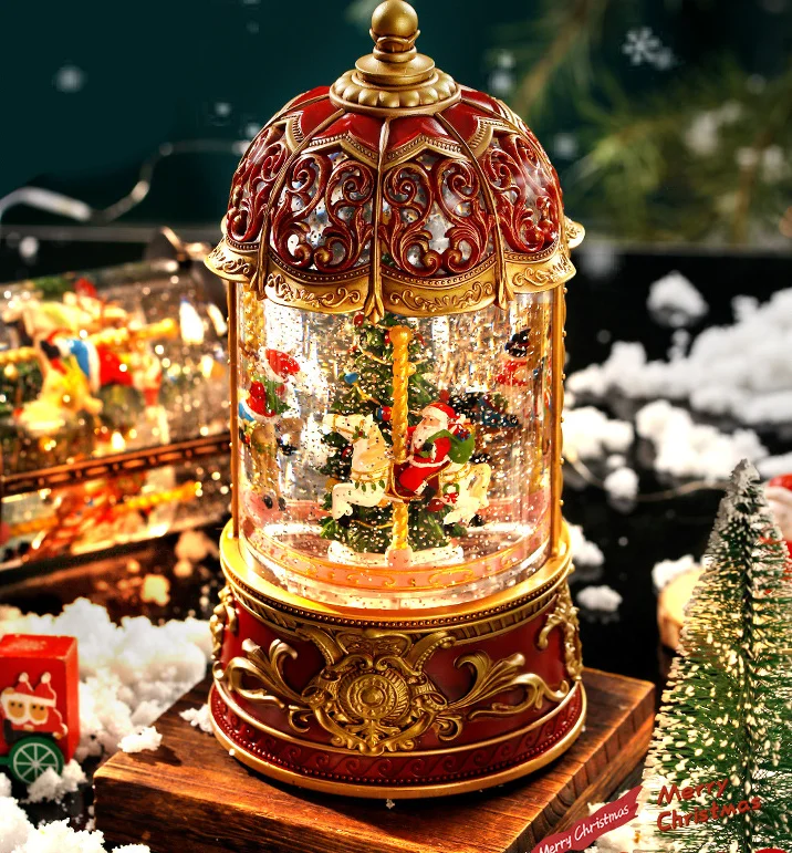 Christmas Carousel Santa Claus Rotating Music Box Crystal Ball Eight-Tone Box with Automatic Snowfall Exquisite Christmas Gift