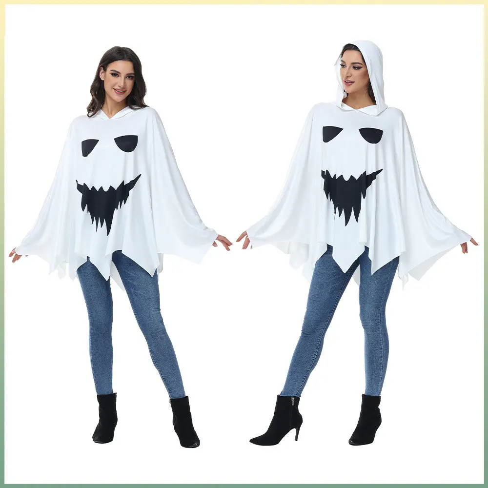 

2025 Custom Women Disfraz Halloween Costume Ghost Print Hood Cape Cosplay Clothes Cloak for Carnival Fancy Dress Up Party
