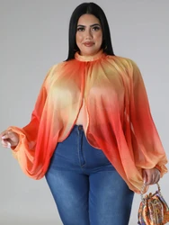 Seksowna bluzka w rozmiarze Plus Size do połowy szyi długa sweter z rękawami typu Lantern Color Block przepuszczalność 3XL 4XL letnia plaża wakacje bluzki