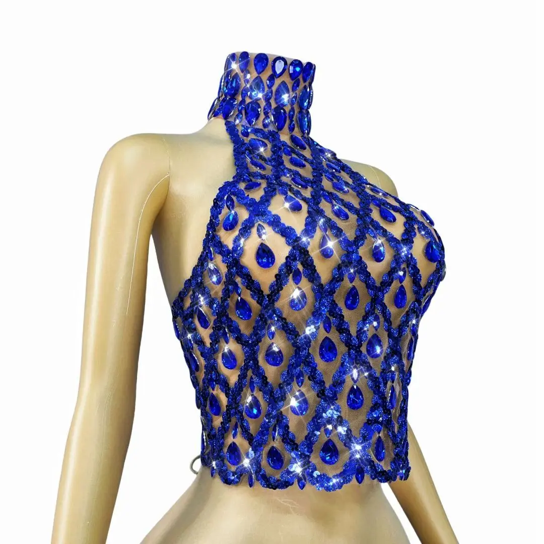 Shaokaojia-corsé ajustado con diamantes de imitación, color azul brillante, Sexy, sin espalda, transparente, Top corto de malla, traje de actuación de bailarina de Bar