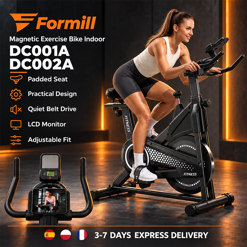Formill DC001A & DC002A: magnetische hometrainer, indoorfiets met een zwaar vliegwiel van 8 kg, LCD-monitor, verstelbaar zadel en tabletsteun voor trainingen thuis.