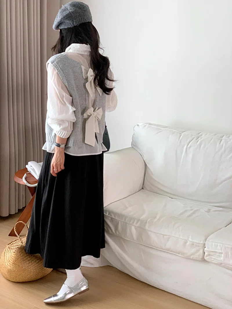 Knitted Sweater Lace-up Fashion Vest Autumn Sleeveless Pull Cropped Sweaters Top Bow Vests Women Cute Waistcoat Elegant Tops Y2K