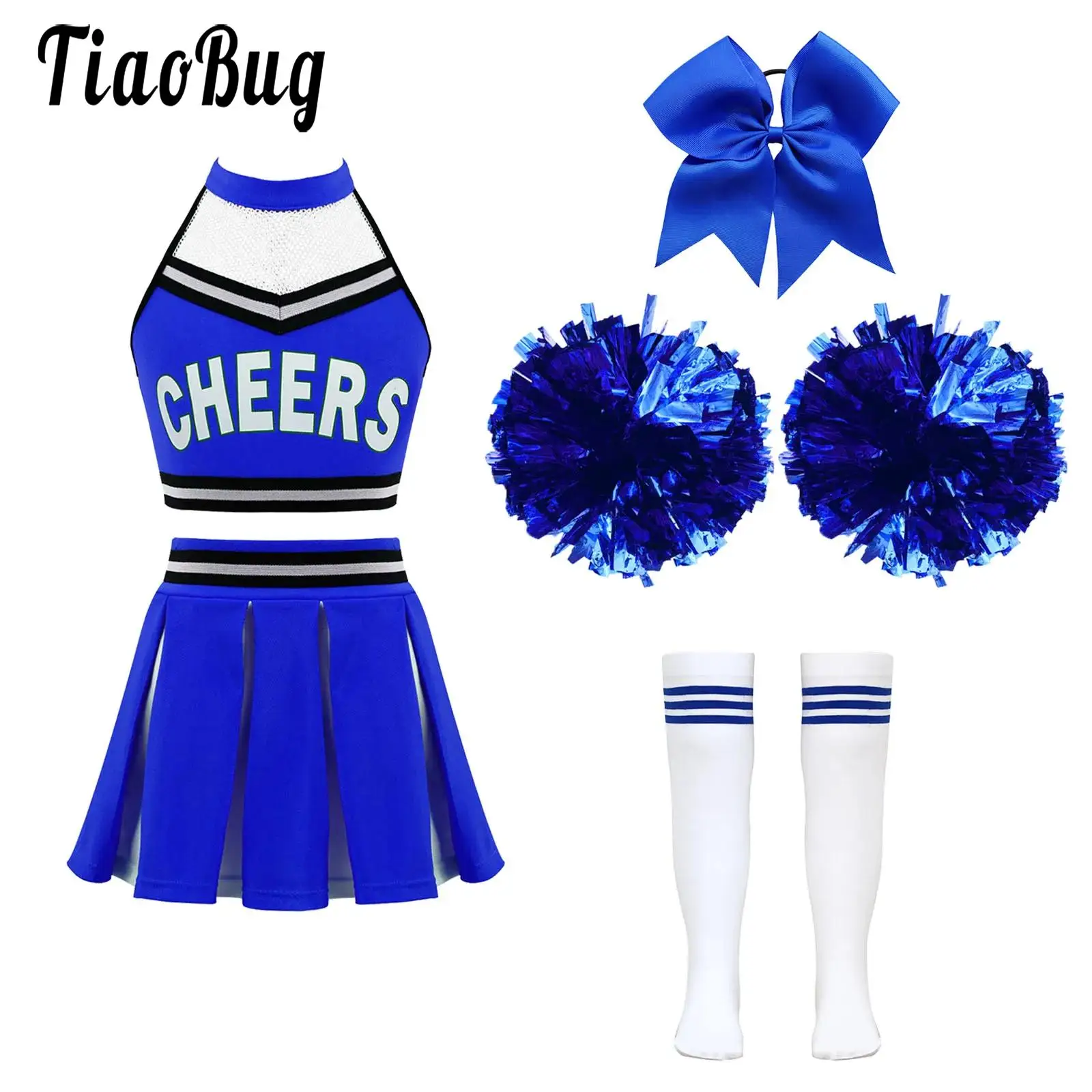 Kids Girls Cheerleader Uniform Dance Cheer Leader Costumes Halter Patchwork Mesh Cheers Crop Top Pleated Skirt and Pompoms Sets