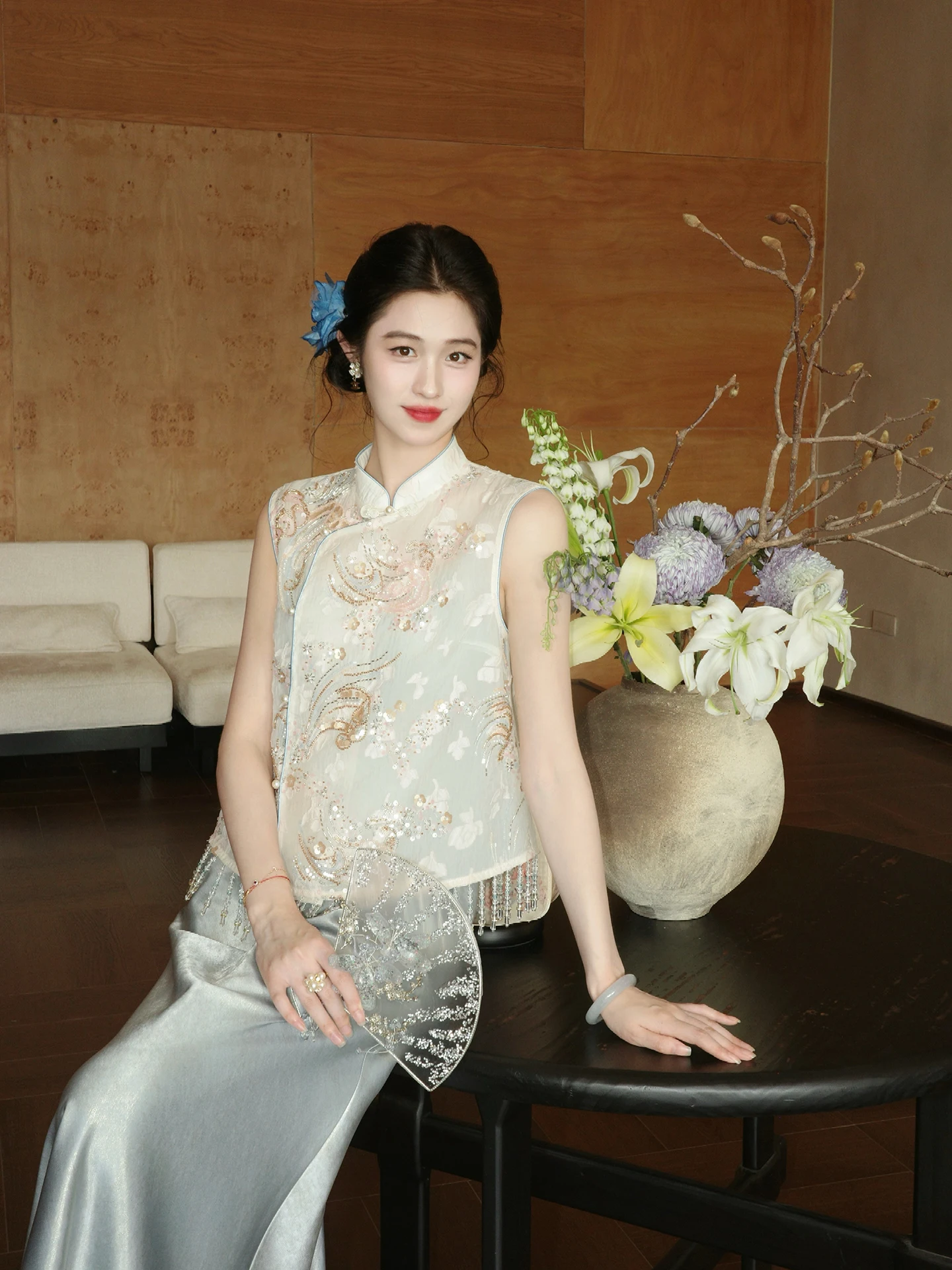 New Chinese Style Embroidered Satin Bridesmaid Set with Tassel Trim Women's Summer Gown And Vest Ensemble by Ling Xian