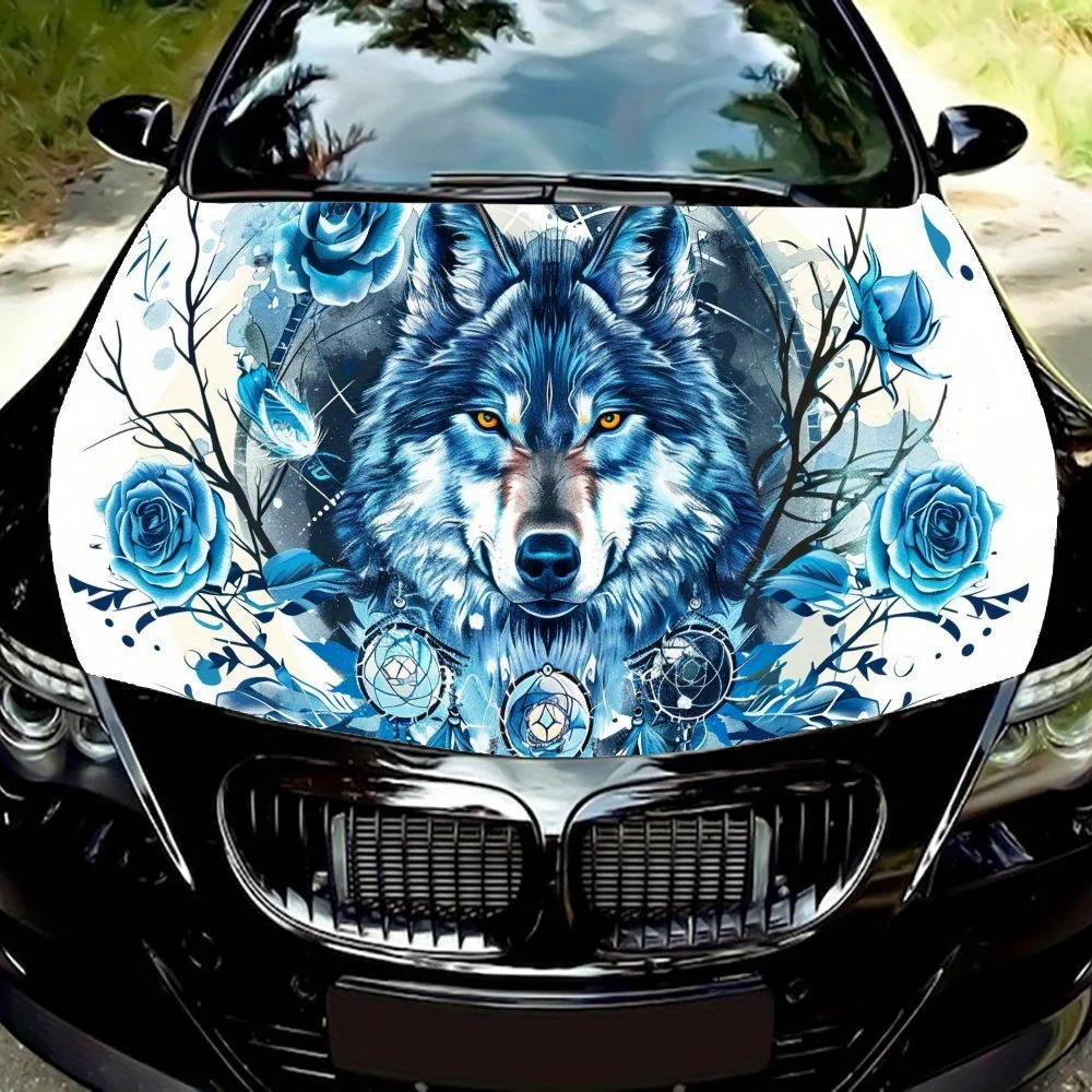 

Mystic Wolf -Night Blue Rose Art Car Hood Vinyl Wraps Sticker, Car Engine Decal, Waterproof Self-adhesive Car Packaging Cover, U
