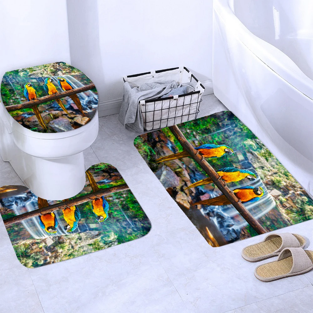 Parrot Birds Printed Bathroom Carpet Set Waterproof Bathroom Curtain Shower Curtain Bath Rug Anti-slip Foot Mat for Toilet