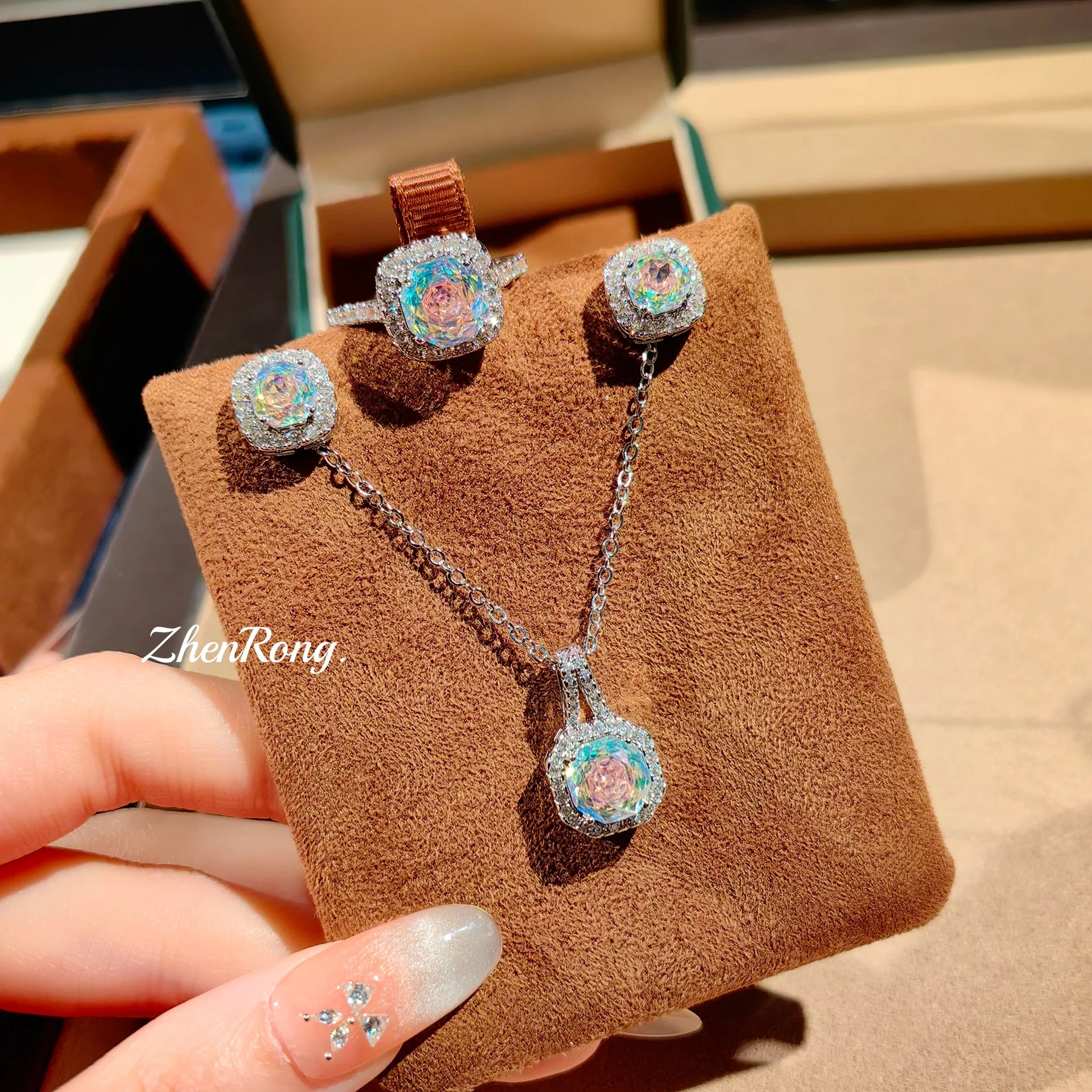 Super Sparkling Square Octagonal Rose Necklace Women's Colorful Ring Sea Blue Treasure Earrings Blue Colorful Treasure Set Women