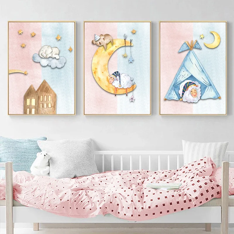 Large-sized frameless 3pcs   Cute Animals Elephants Moon Clouds Tents Sheep Koalas, Posters, Canvas Walls, Art Pictures, Nord