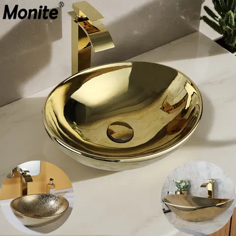Monite 골드 세라믹 욕실 싱크대 세트, 현대적인 미니멀리스트 그릇 디자인, 세면대 황금 수도꼭지 및 팝업 배수구, 고급 욕실용