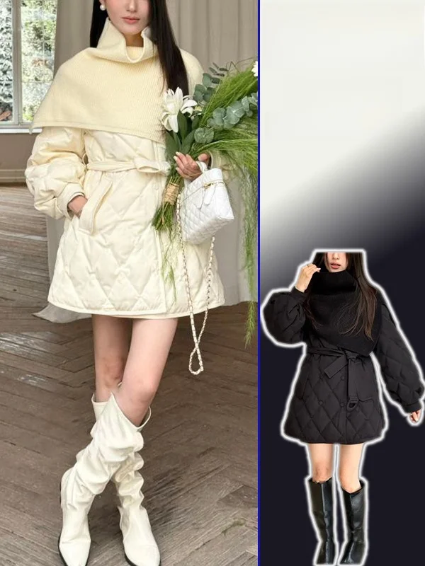 

Женский зимний комплект больших размеров: черное хлопковое пальто с высоким воротником и теплый, элегантный костюм с ромбовидным узором