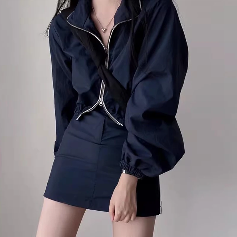 

Chic Retro mat Dual Zipper ort Women's Outerwear + High Waist A-Line Skirt Set Autumn Faion Sun Protection