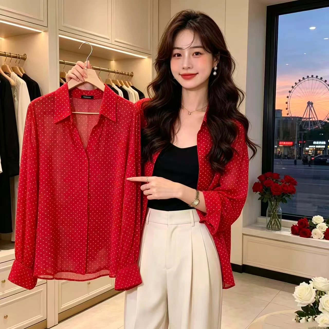 Loose Polka Dot Women's Shirt Summer New Korean Style Salt System Long Sleeve Loose Sun Protection Outerwear Thin Top