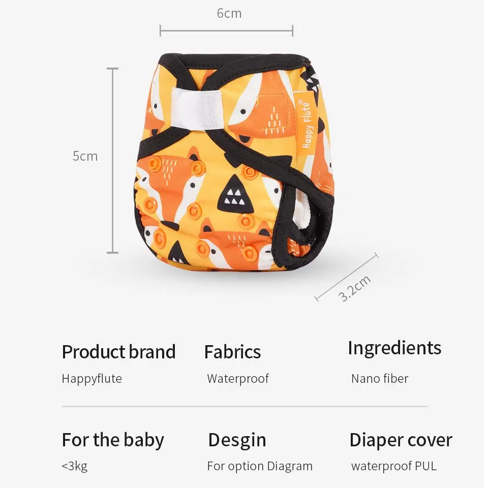 HappyFlute 0-3kg Newborn Diaper Cover With Insert Washable Printed Adjustable Baby Nappy Reusable Cloth Diapers