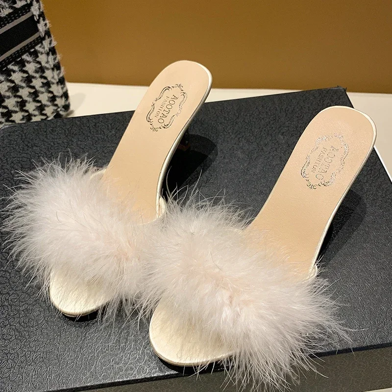 

Women Shoes Feather Design Fluffy Slipper Peep Toe High Heels Slippers High Heel Sandals Fashion High Heels Slides Zapatos Mujer