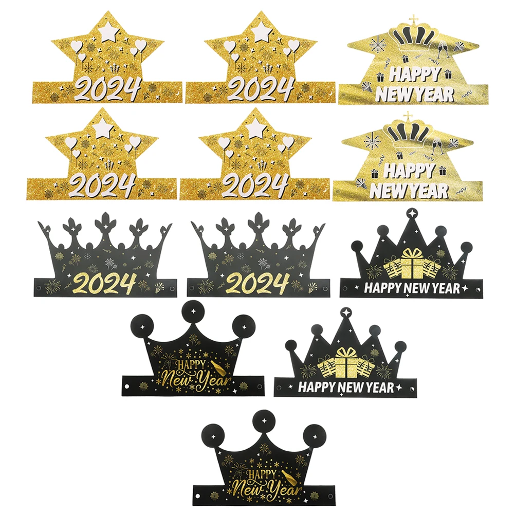 

12pcs Happy New Year Paper Hat Year Crown Hats Paper Party Headwear Child Festival Adult Celebration Props Decor Lightweight