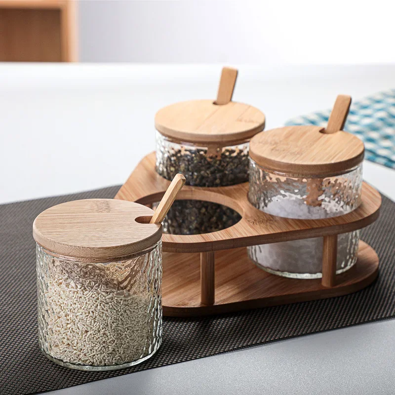 

Hammered Glass Seasoning Box Set Kitchen Salt Sugar Bowl with Tray Home Seasoning Soy Sauce Vinegar Bottle Kitchen Accessories