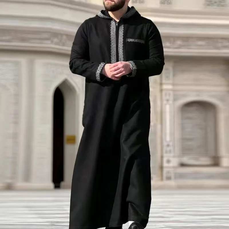 New Muslim Men's Abaya Robe Islamic Worship Loose fitting Men's Moroccan Thobe Long sleeved Embroidered Hoodie Robe