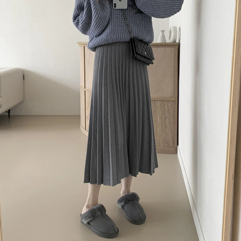 

Шикарная осенне-зимняя трикотажная юбка-миди трапециевидной формы с высокой талией, женская плиссированная юбка для поездок на работу
