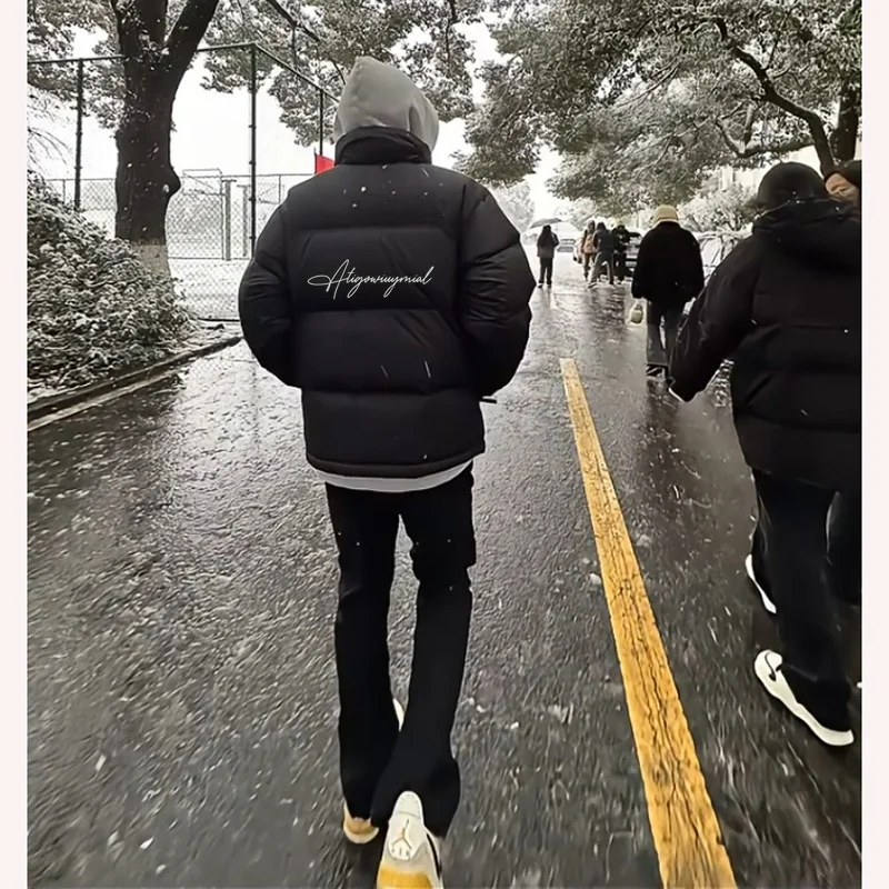 

Thiened Bla down Cotton Jaet Men's Winter American Letter Print Couple's Bread Sle Trendy Brand Youth Polyester Fiber