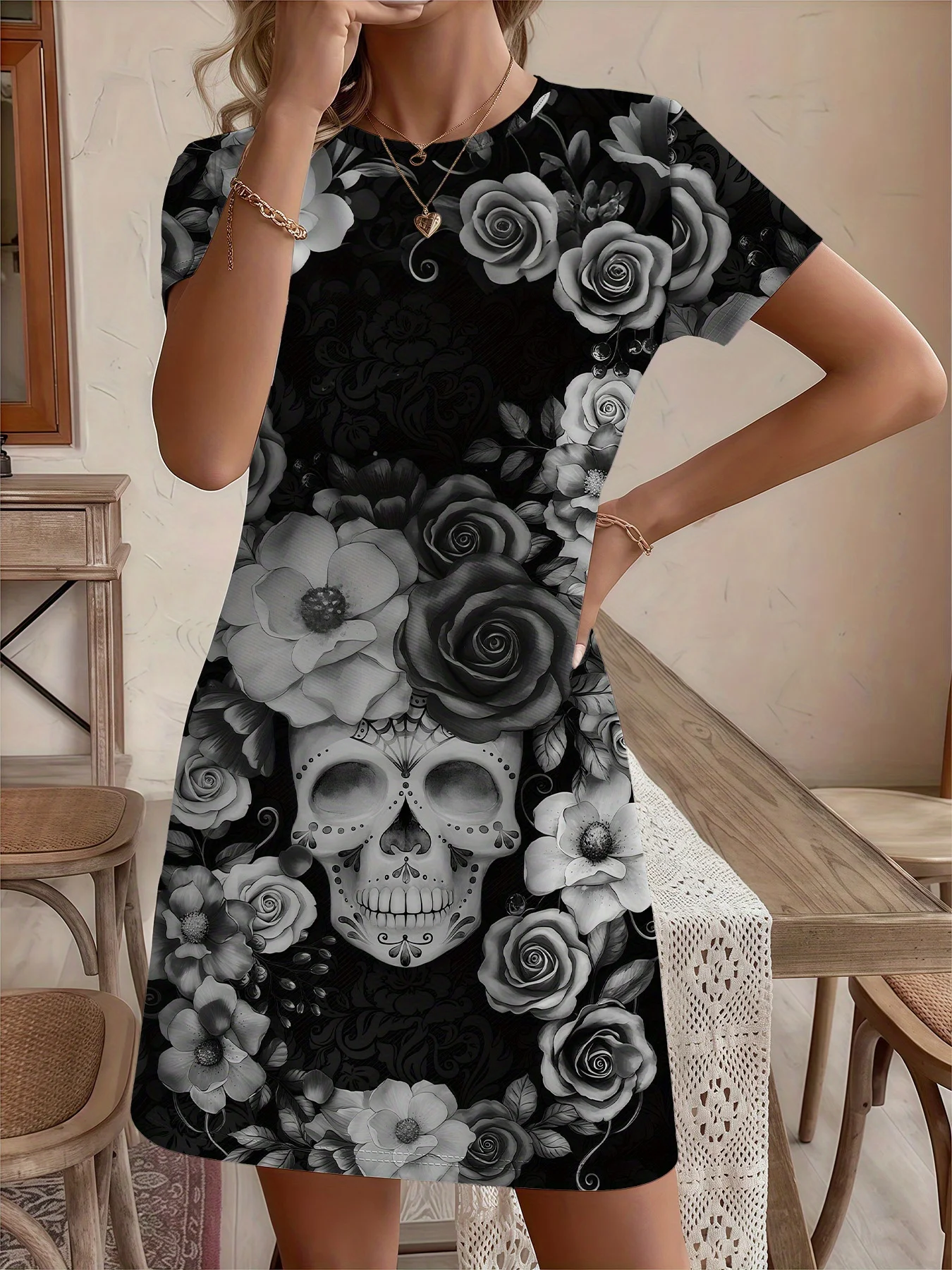 Damen Gothic Blumenkleid Schwarz Weiß Rosen Totenkopf Damenkleid Halloween Party Outfit Horror Hip Hop Stil Y2k Damenkleidung