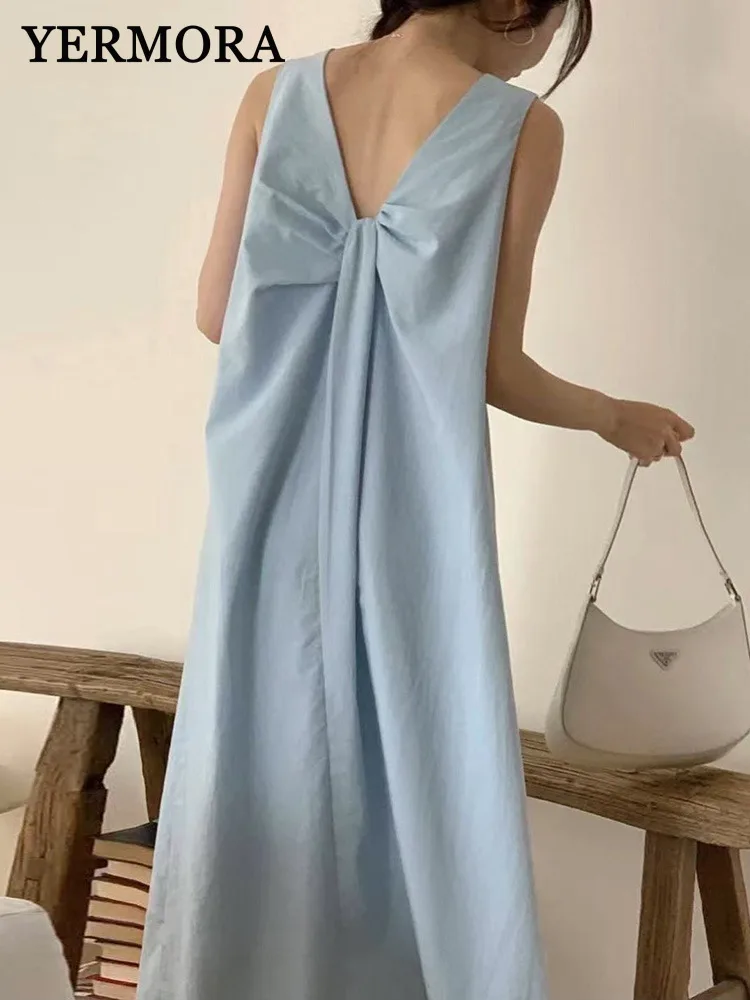 

YERMORA Women Blue Back Knot Pleated Brief Casual Dress O-neck Sleeveless Loose New Sundress Fsahion Tide Spring Summer 2025